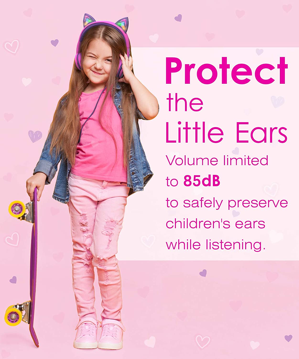 Kids Headphones with LED Cat Ears, 85dB Safe Volume Limit, 3.5mm Wired On-Ear Design, Tangle-Free Laced Cables - Hot Pink/Purple, Perfect Christmas Gifts for Boys and Girls