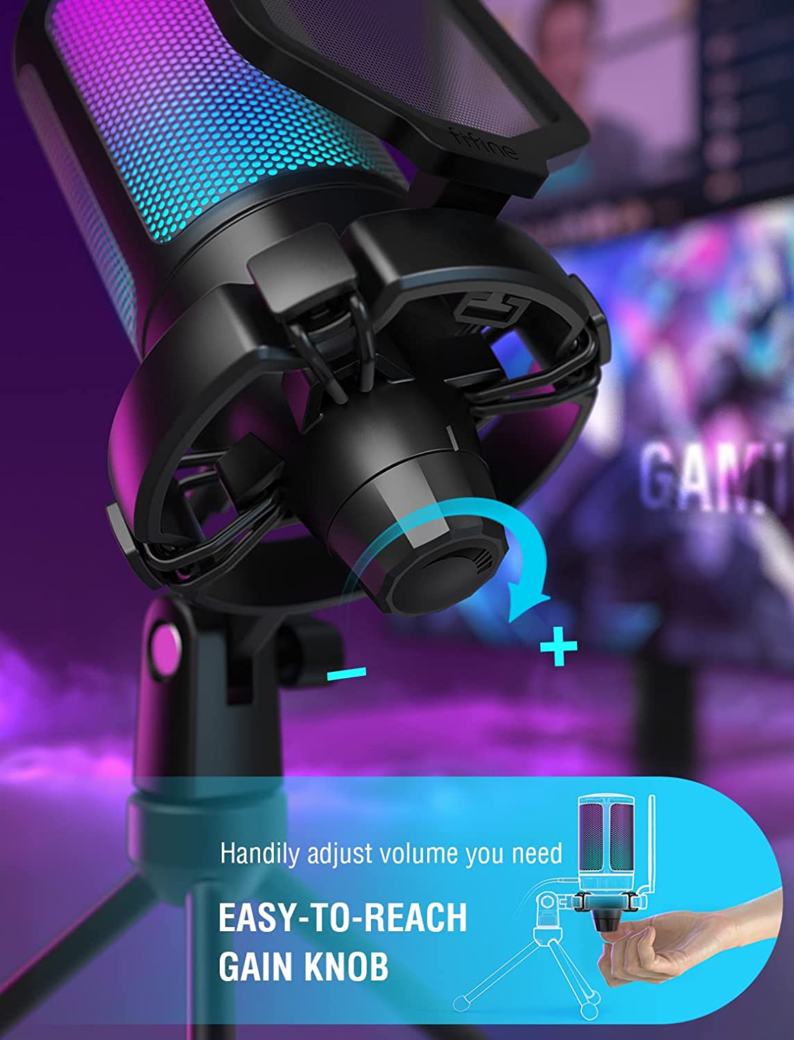 Fifine USB Gaming Microphone for PC PS5, RGB Condenser Mic with Quick Mute