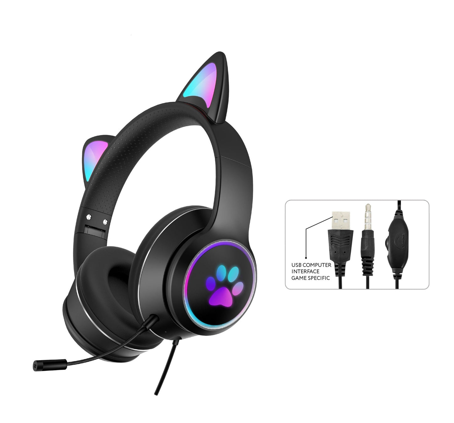 RGB Luminous Cat LED Gaming Headset - Multi-Platform Wired with Noise Reduction (Black)