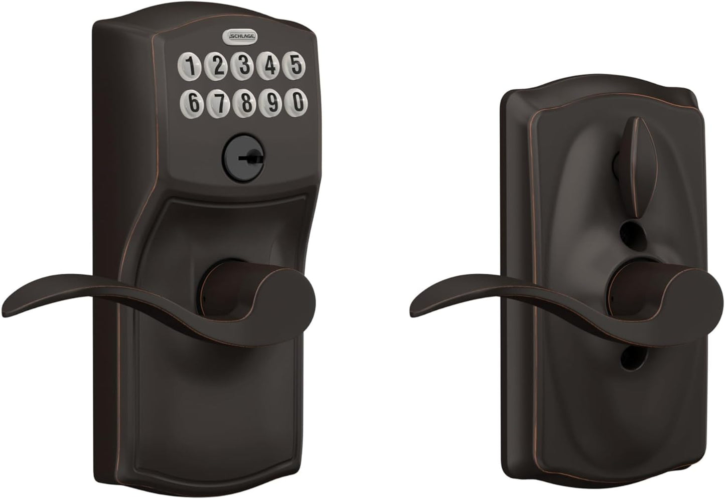 Schlage Camelot Keypad Entry with Flex-Lock and Accent Lever, Aged Bronze, FE595 CAM 716 Acc