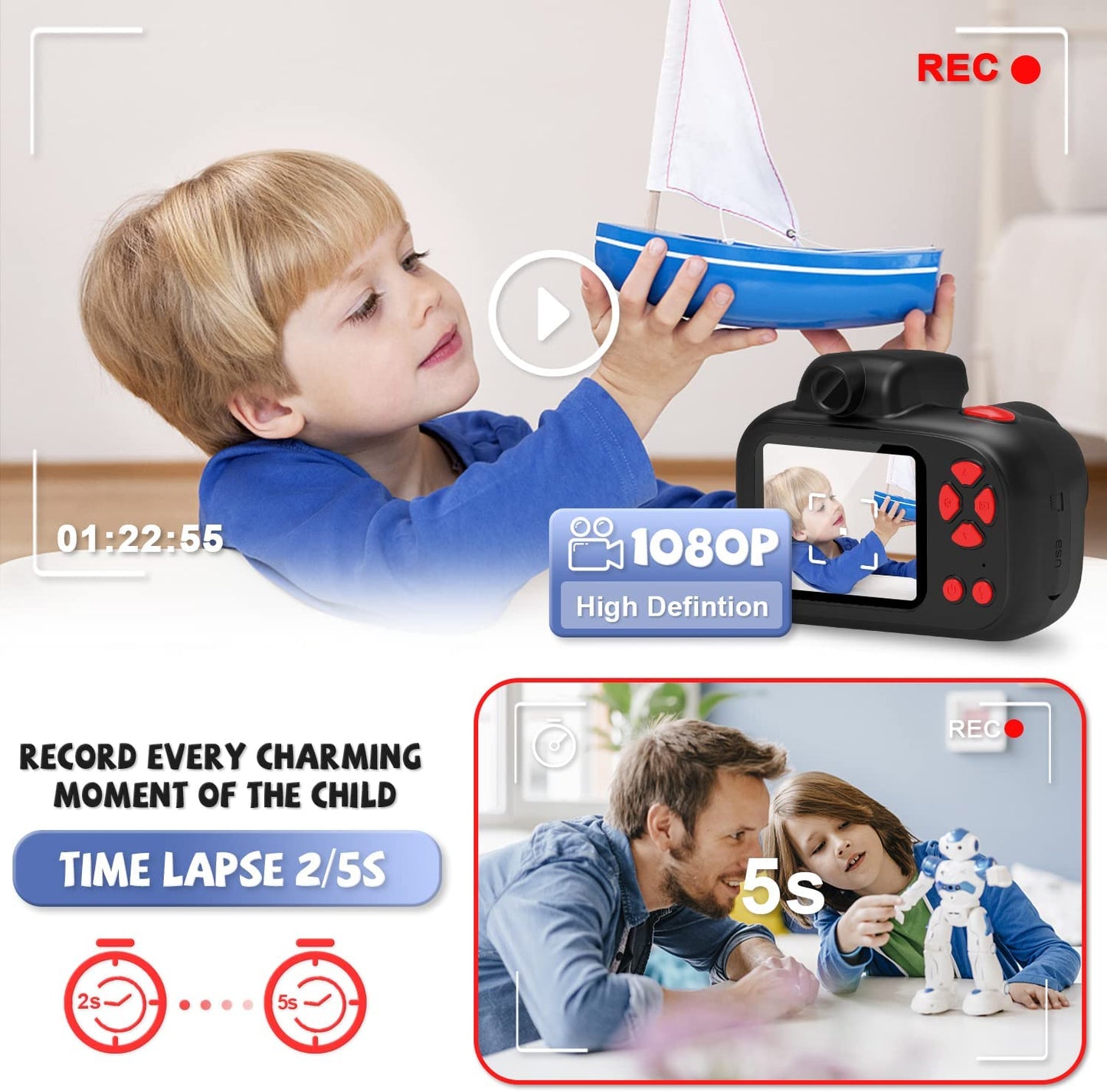 Digital Camera for Kids, 600mAh Battery, 30 Cartoon Frames and 6 Color Filters, HD 1080p Video Camera for Girls and Boys with 32GB SD Card.