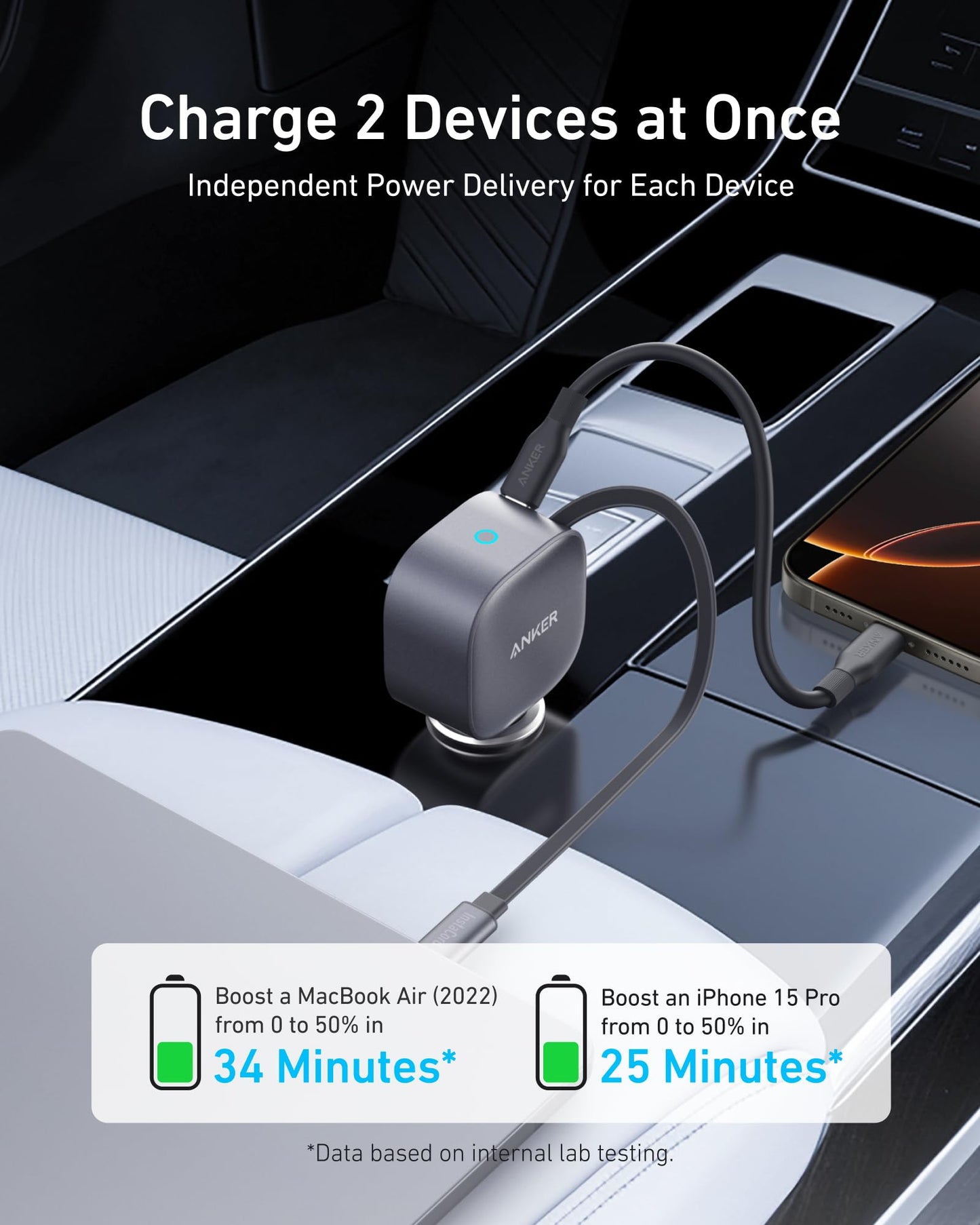 Anker USB-C Car Charger, 75W Max Ultra-Compact Type-C Fast Car Charger with Built-in Retractable Cable, Car Adapter for iPhone 16/15/14 Series, MacBook Pro/Air, iPad, Galaxy, AirPods, and More