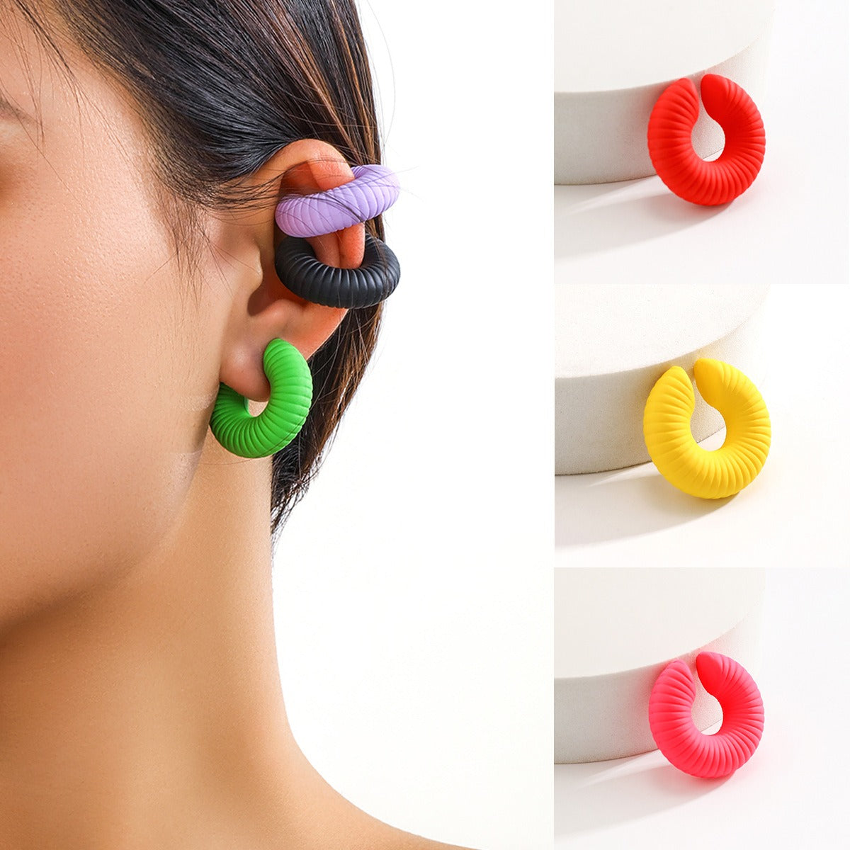 Simple Colorful Threaded Stripes No Piercing Ear Clip Single Ear Bone Nail Women's Trendy Circle Ear Clip