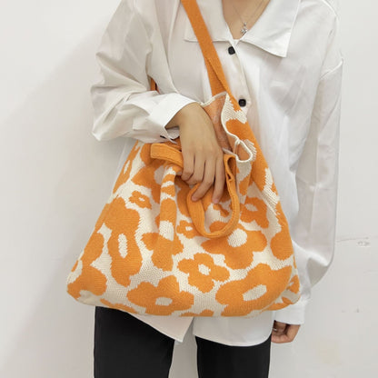 New Flower Bag Knitted Bag Large Capacity Tote Bag Student Shoulder Bag Woolen Bag Trendy Girl