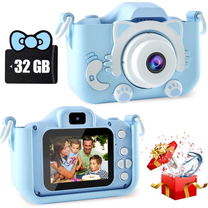 Cat Camera Toy for Kids, Digital Camera with 2.0 Inch Display, 100° angle lens, 3 puzzle games, 28 frames and 6 kinds of filters, HD Video Camera with 32GB SD Card.