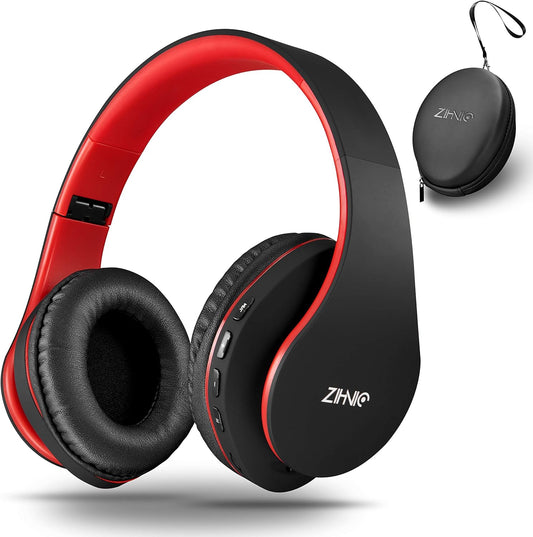 ZIHNIC Foldable Bluetooth Over-Ear Headphones: Wireless & Wired Stereo Headset with Micro SD/TF, FM - Ultra-Soft Earmuffs, Lightweight, Perfect for All-Day Wear (RED)