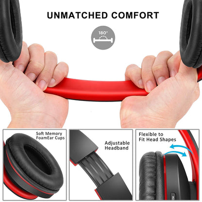 ZIHNIC Foldable Bluetooth Over-Ear Headphones: Wireless & Wired Stereo Headset with Micro SD/TF, FM - Ultra-Soft Earmuffs, Lightweight, Perfect for All-Day Wear (RED)