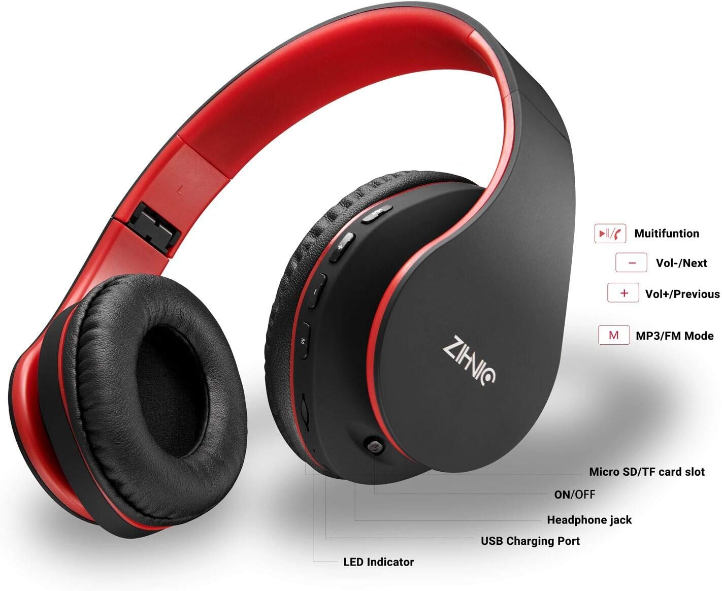 ZIHNIC Foldable Bluetooth Over-Ear Headphones: Wireless & Wired Stereo Headset with Micro SD/TF, FM - Ultra-Soft Earmuffs, Lightweight, Perfect for All-Day Wear (RED)