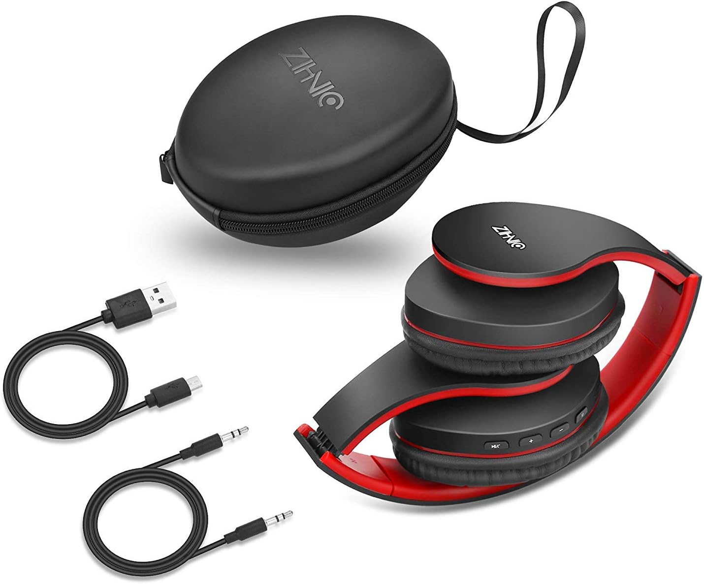 ZIHNIC Foldable Bluetooth Over-Ear Headphones: Wireless & Wired Stereo Headset with Micro SD/TF, FM - Ultra-Soft Earmuffs, Lightweight, Perfect for All-Day Wear (RED)