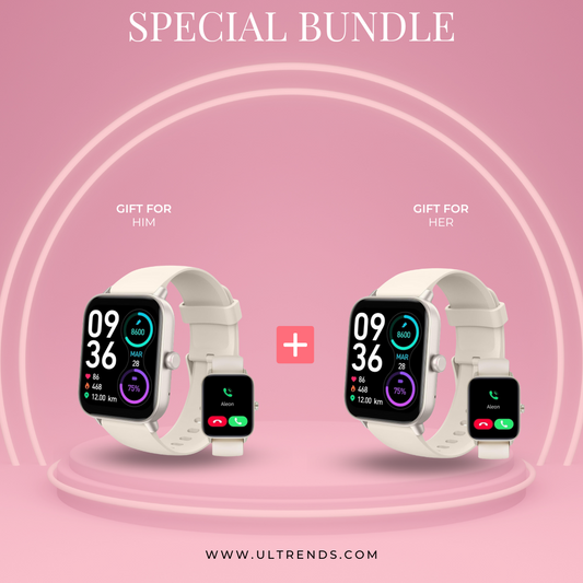 Gleam Up Smart Watch Set of 2 - Fitness & Heart Rate Tracking, IP68 Waterproof (White)