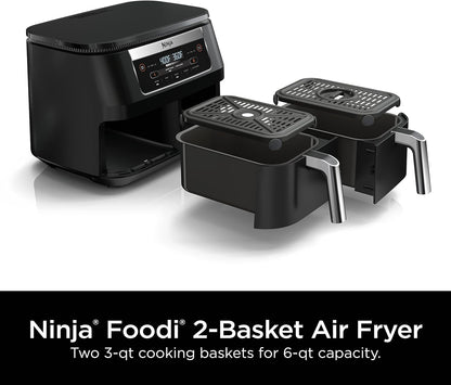 Ninja Foodi DZ090C 6-Qt Dual Basket Air Fryer with DualZone Technology, 5-in-1 Air Fry, Bake, Roast, Reheat & Dehydrate, Black