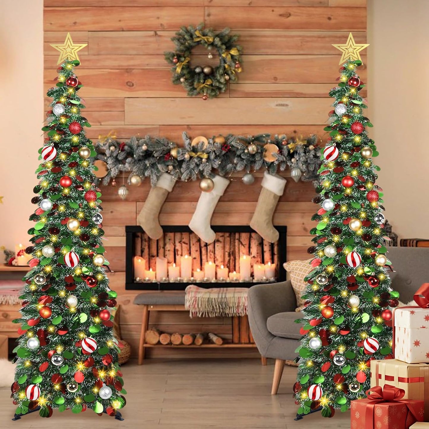 5FT Pop Up Christmas Tree with Timer LED Lights, 24 Ornaments & Star Topper  –  Collapsible Tinsel Pencil Tree for Home or Office