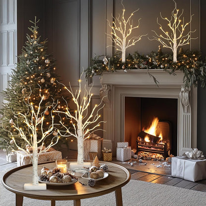 2-Pack 22" Lighted Birch Trees with Timer – Warm White LED Tabletop Christmas Decorations