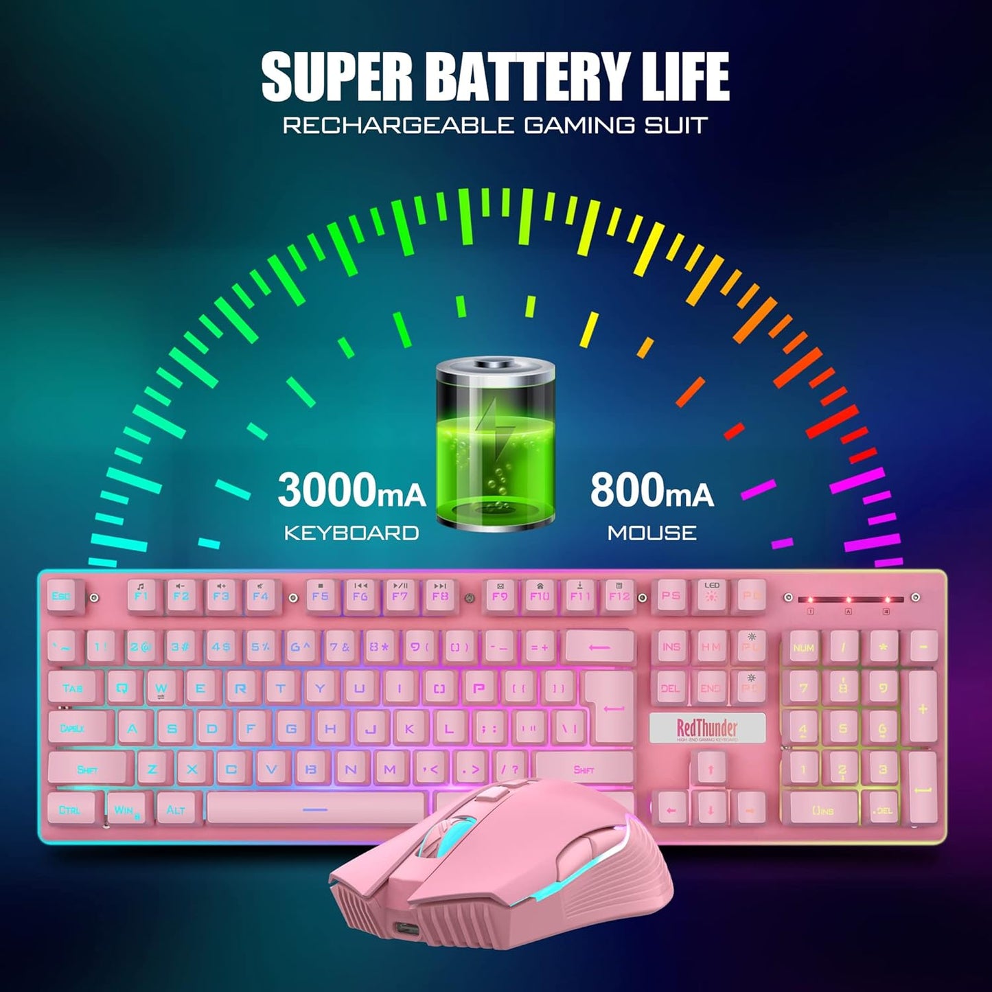 K10 Wireless Gaming Keyboard & Mouse Combo, RGB Backlit, Rechargeable 3800mAh, Pink – PC Gamer Gift