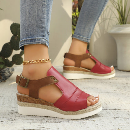 Flat bottomed sloping heel fish mouth casual buckle for wearing women's sandals on the outside