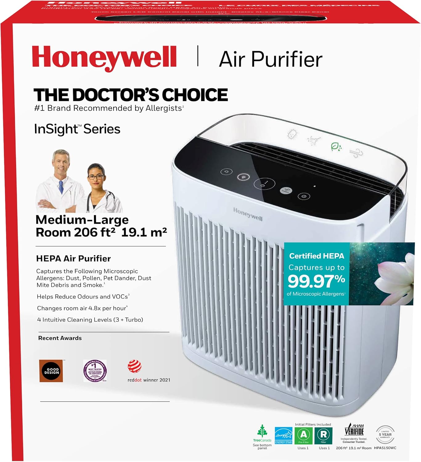 Honeywell Insight HPA5150WC True HEPA Air Purifier Medium to Large Rooms, Cleans Up To 998 Sq Ft, Allergen Remover, Captures 99.97% of Microscopic Allergens, White