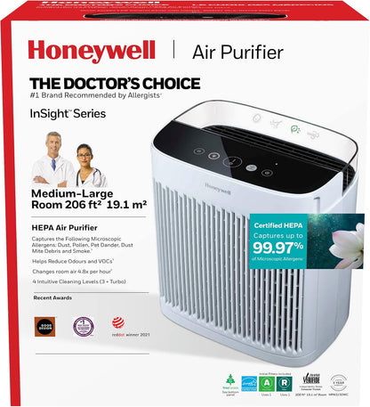 Honeywell Insight HPA5150WC True HEPA Air Purifier Medium to Large Rooms, Cleans Up To 998 Sq Ft, Allergen Remover, Captures 99.97% of Microscopic Allergens, White