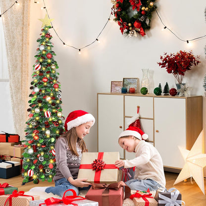 5FT Pop Up Christmas Tree with Timer LED Lights, 24 Ornaments & Star Topper  –  Collapsible Tinsel Pencil Tree for Home or Office