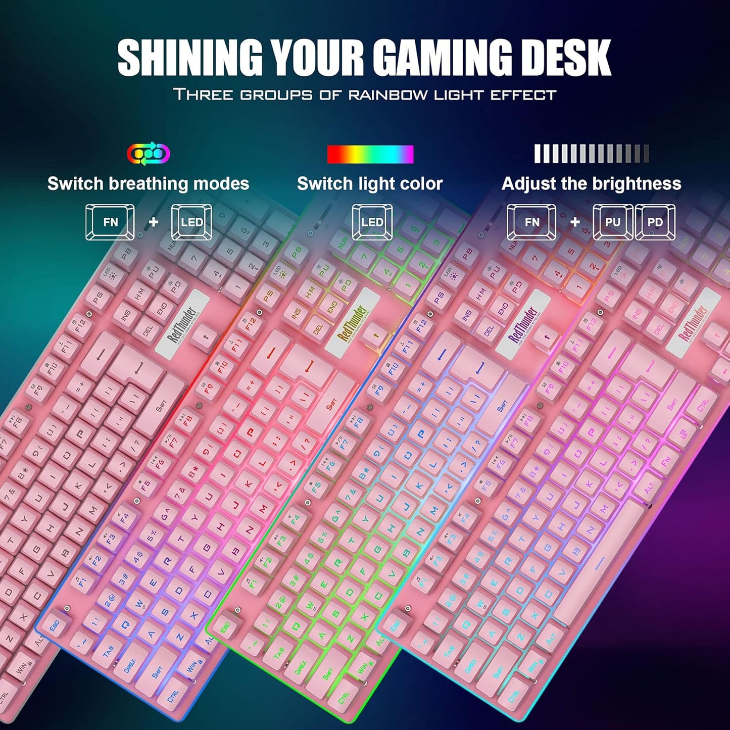 K10 Wireless Gaming Keyboard & Mouse Combo, RGB Backlit, Rechargeable 3800mAh, Pink – PC Gamer Gift