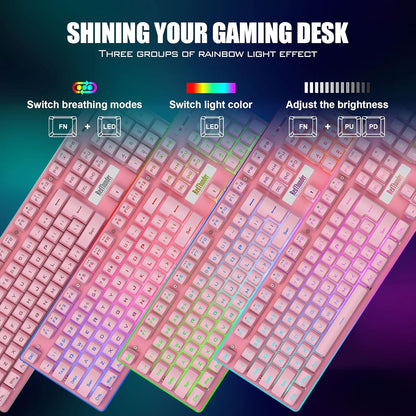 K10 Wireless Gaming Keyboard & Mouse Combo, RGB Backlit, Rechargeable 3800mAh, Pink – PC Gamer Gift