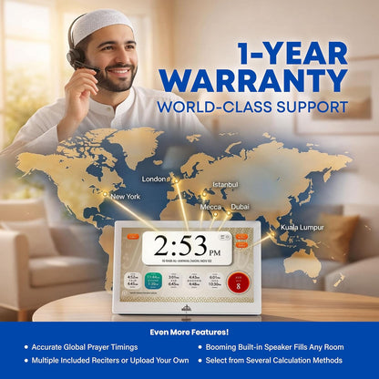 Masjidal 14" Digital Azan Clock with WiFi, Touchscreen, Full Quran & Worldwide Prayer Times