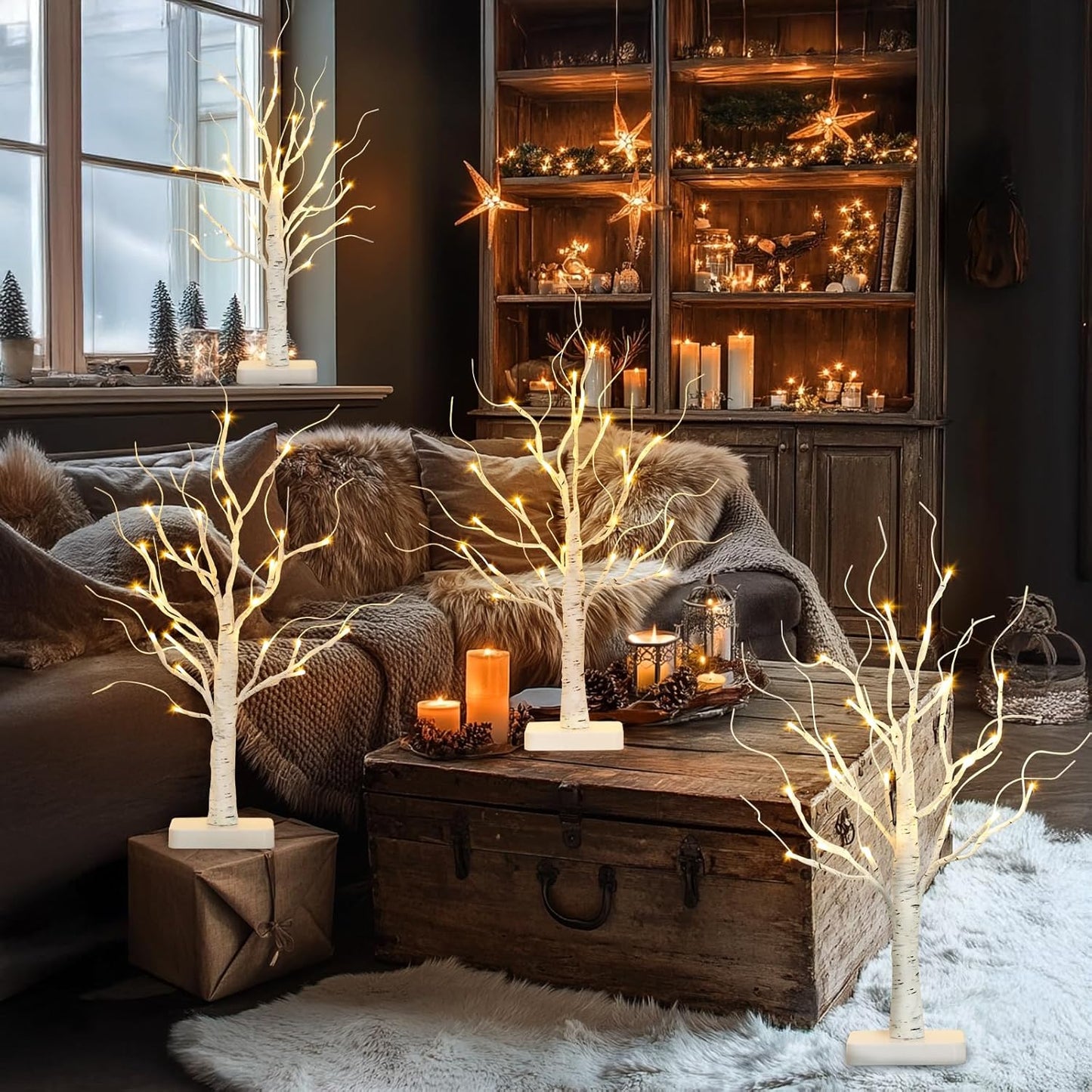 2-Pack 22" Lighted Birch Trees with Timer – Warm White LED Tabletop Christmas Decorations