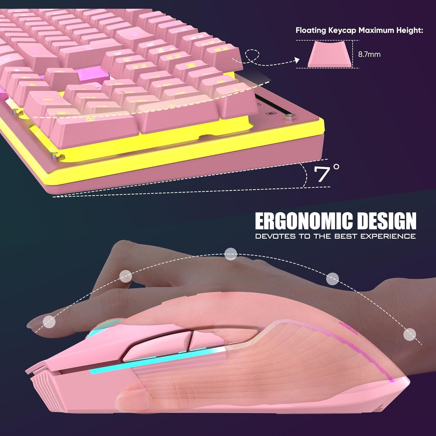 K10 Wireless Gaming Keyboard & Mouse Combo, RGB Backlit, Rechargeable 3800mAh, Pink – PC Gamer Gift