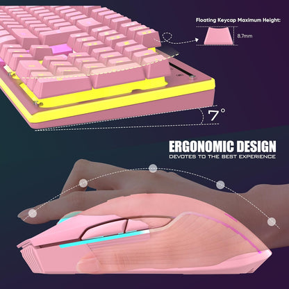 K10 Wireless Gaming Keyboard & Mouse Combo, RGB Backlit, Rechargeable 3800mAh, Pink – PC Gamer Gift