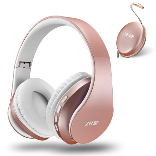 ZIHNIC Foldable Bluetooth Over-Ear Headphones: Wireless & Wired Stereo Headset with Micro SD/TF, FM - Ultra-Soft Earmuffs, Lightweight, Perfect for All-Day Wear (ROSE GOLD)