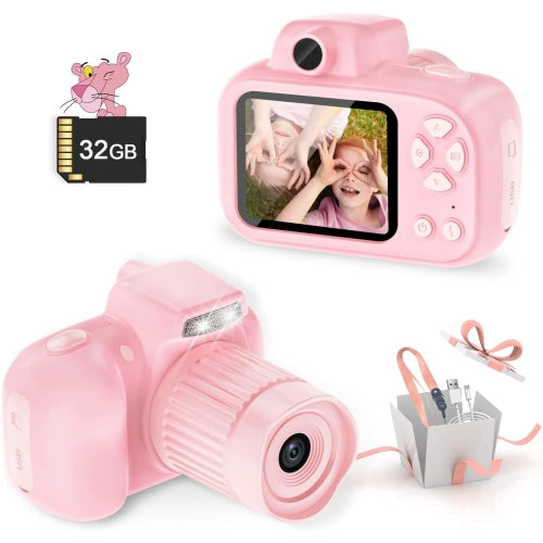 Digital Camera for Kids, 600mAh Battery, 30 Cartoon Frames and 6 Color Filters, HD 1080p Video Camera for Girls and Boys with 32GB SD Card.