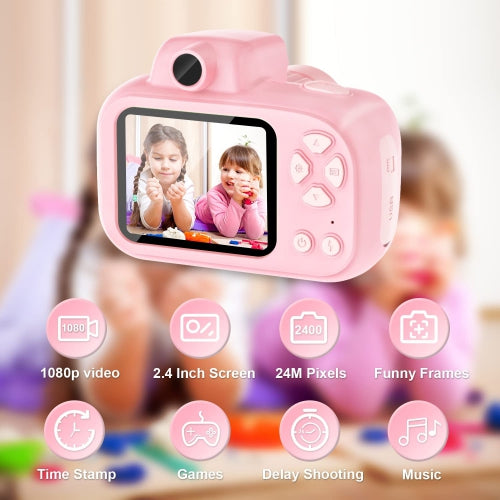 Digital Camera for Kids, 600mAh Battery, 30 Cartoon Frames and 6 Color Filters, HD 1080p Video Camera for Girls and Boys with 32GB SD Card.