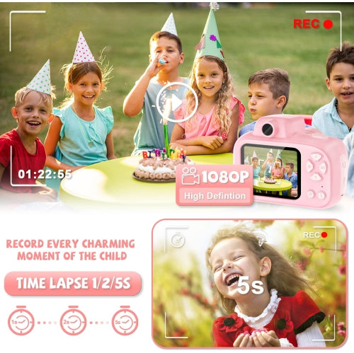 Digital Camera for Kids, 600mAh Battery, 30 Cartoon Frames and 6 Color Filters, HD 1080p Video Camera for Girls and Boys with 32GB SD Card.