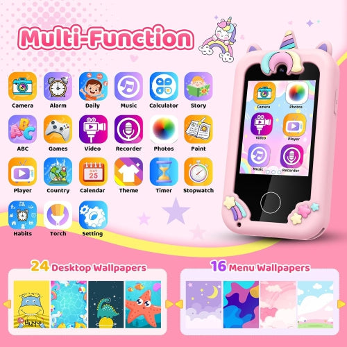 Kids Smart Phone Toy Pink for Girls 3-8 Years Old. Toddler Unicorn Gifts, Educational games, Dual cameras, MP3 Music Player, and touchscreen pretend play. Unicorn Birthday Gifts
