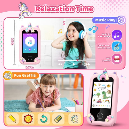Kids Smart Phone Toy Pink for Girls 3-8 Years Old. Toddler Unicorn Gifts, Educational games, Dual cameras, MP3 Music Player, and touchscreen pretend play. Unicorn Birthday Gifts