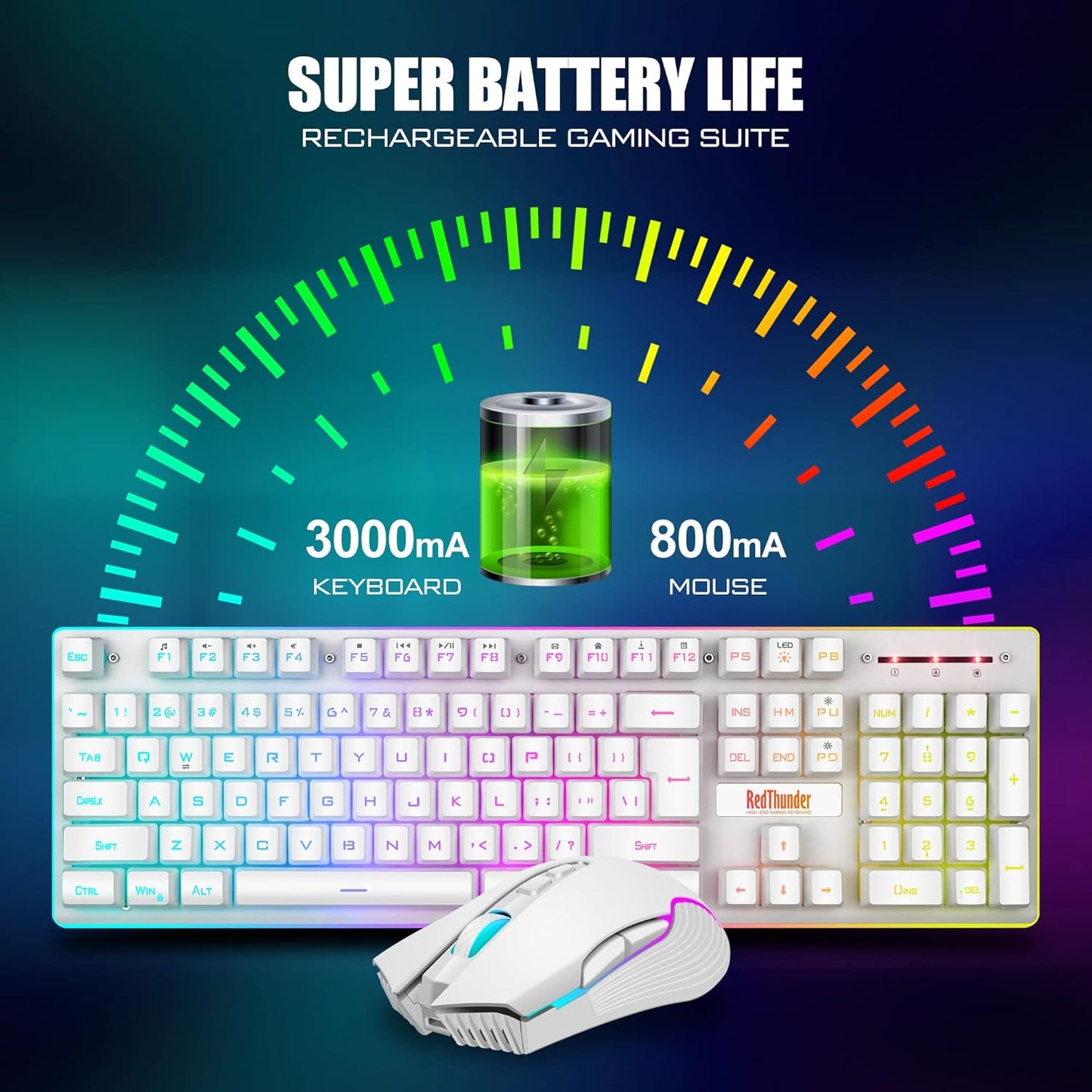 K10 Wireless Gaming Keyboard and Mouse Combo – LED Backlit, Rechargeable 3800mAh, Anti-Ghosting Keyboard + 7D 3200DPI Mouse for PC Gaming (White)