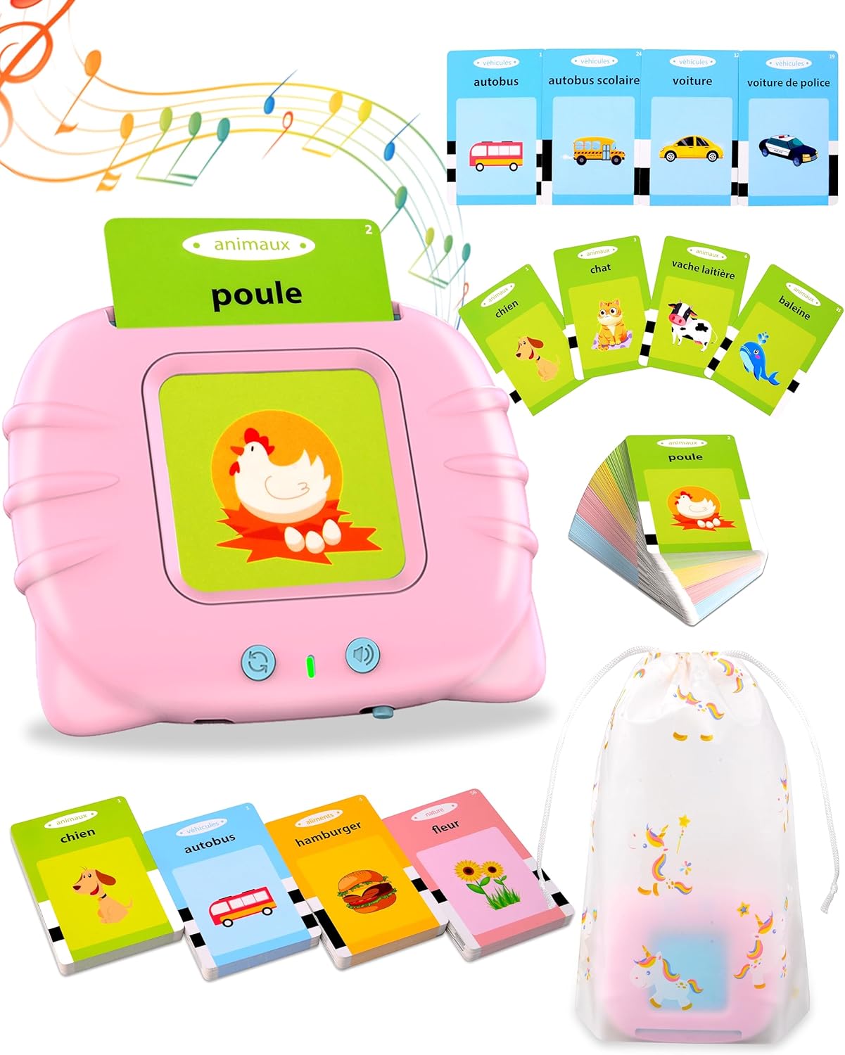 French Talking Flash Cards for Kids, Toddlers Ages 2-6, ABC/Numbers/Colors/Shapes Starter Set, 112 Cards with 224 Sight Words – Perfect Christmas and Birthday Gifts (Pink).