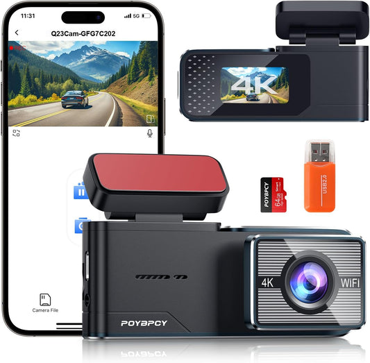 4K Dash Cam with WiFi & 64GB SD Card – Ultra HD 2160P Car Camera with WDR, Night Vision, Parking Mode, G-Sensor, Loop Recording