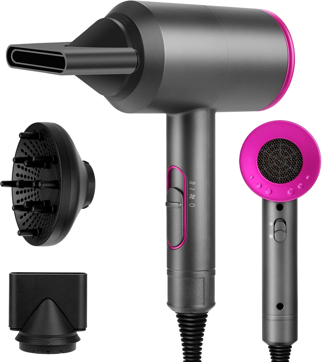 1800W Professional Ionic Hair Dryer with Diffuser & Nozzles – Fast Dry Blow Dryer with 3 Heat Settings & Cool Shot for Home & Travel