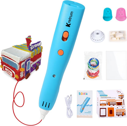Low Temperature 3D Printing Pen Kit with Cute Shape Wireless 3D Pen, 17 Color 1.75mm PCL Filament, Car Stencil and Fun Small Car Toy Base Crayon 3D Stylo 3D (Blue)