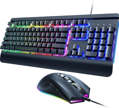 Gaming Keyboard and Mouse Combo, 104 Keys All-Metal Panel Light Up Silent Computer Keyboard, Wrist Rest, LED Backlit 4200 DPI Gaming Mouse, Wired Keyboard Mouse Set for PC MAC Xbox Gamer