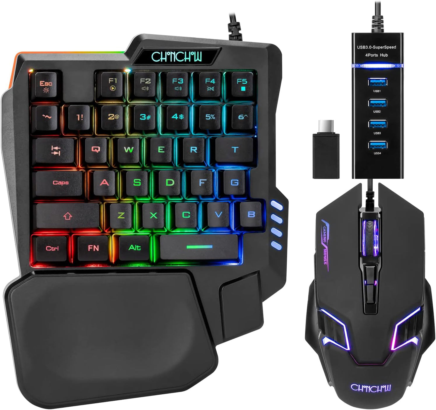 One-Handed RGB Gaming Keyboard Mouse Combo with USB Splitter