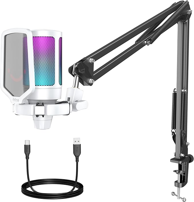 Fifine RGB Gaming USB Microphone Kit – Cardioid Condenser Mic with Boom Arm, Mute Button & Shock Mount for Streaming, PC, PS5, YouTube, Music Recording