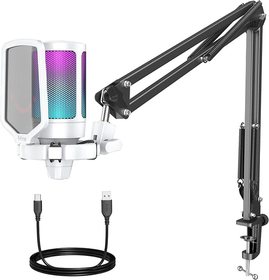 Fifine RGB Gaming USB Microphone Kit – Cardioid Condenser Mic with Boom Arm, Mute Button & Shock Mount for Streaming, PC, PS5, YouTube, Music Recording