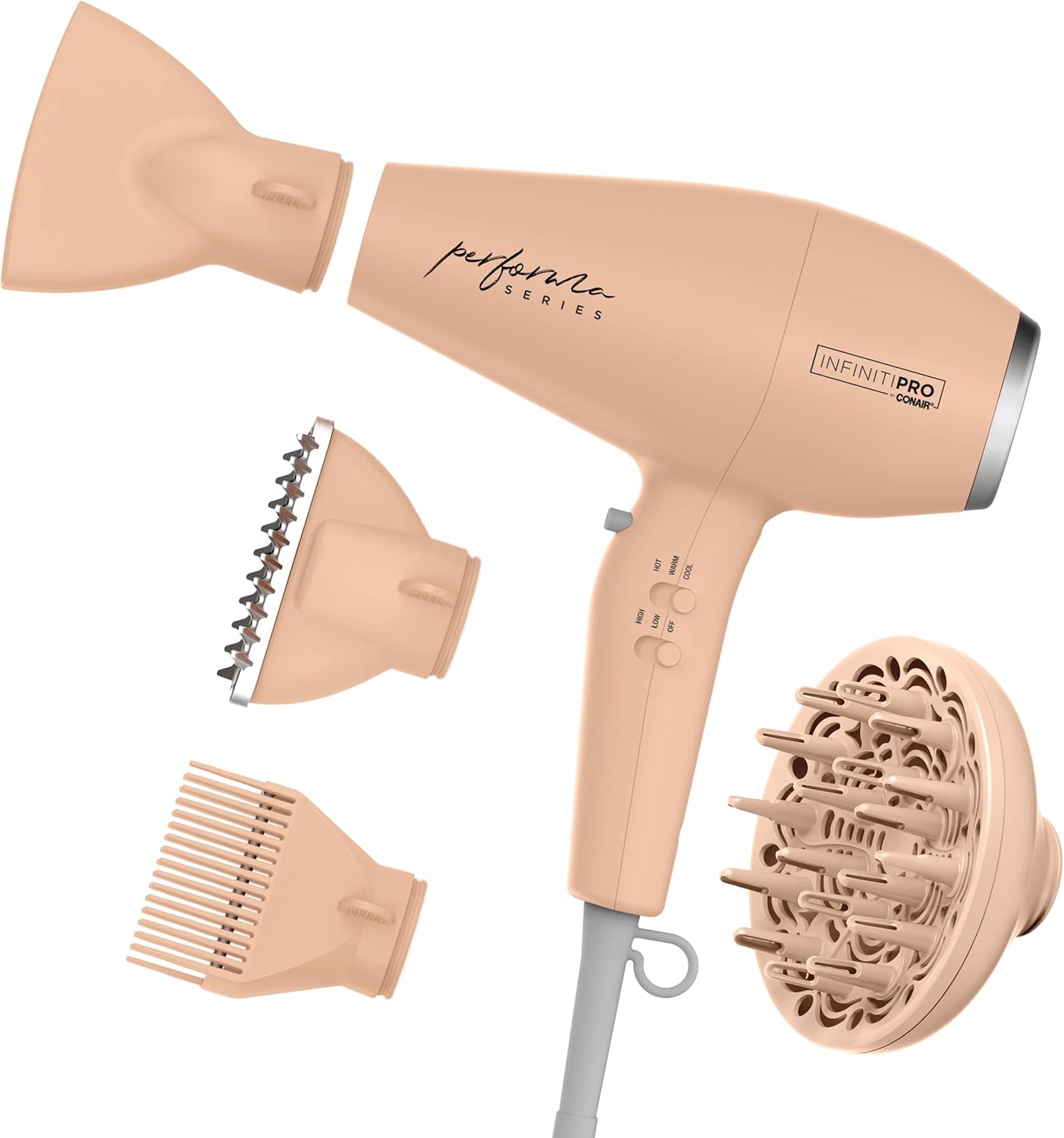 INFINITIPRO by Conair Performa Series Hair Dryer with Diffuser & Attachments – Blush Pink