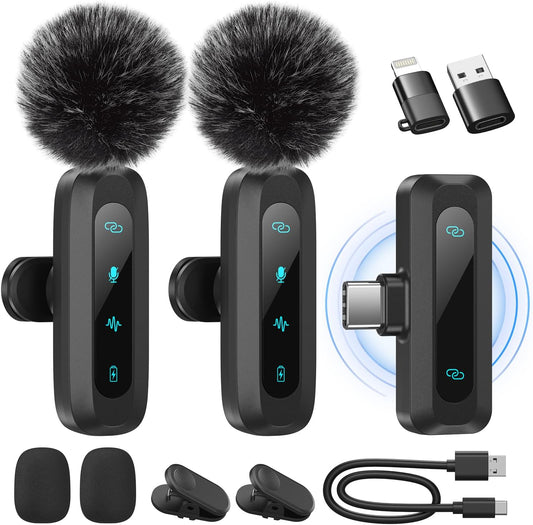Wireless Lavalier Microphone 2-Pack for iPhone, Android & USB-C Devices