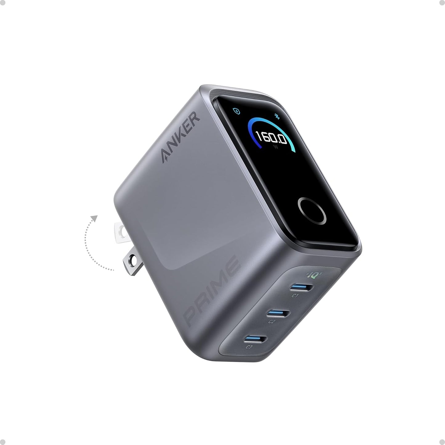 Anker Prime USB C, 160W 3-Port GaN Phone Charger, 140W Max Single-Port Charging for MacBook Pro, Laptop, iPhone 17 Series