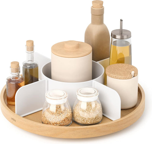 Umbra Bellwood Lazy Susan Divided Tray Organizer for Pantry Spices and More, Natural/White