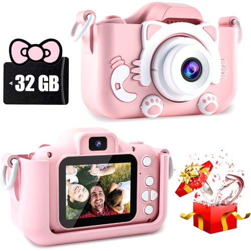 Cat Camera Toy for Kids, Digital Camera with 2.0 Inch Display, 100° angle lens, 3 puzzle games, 28 frames and 6 kinds of filters, HD Video Camera with 32GB SD Card.