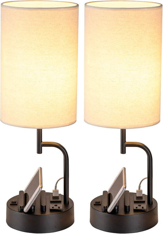 Bedside Table Lamp Set (2-Pack) with USB Ports & AC Outlet
