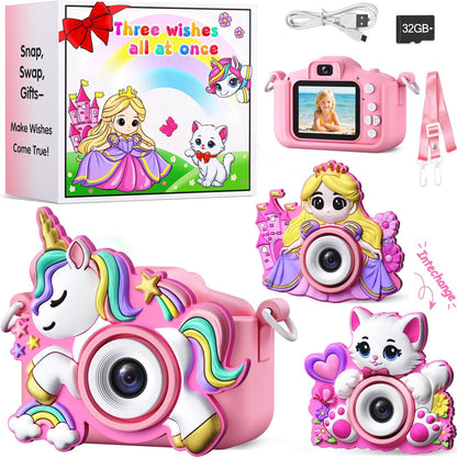 Kids Camera with 3 Magnetic Covers (Princess/Unicorn/Cat), HD Selfie Video, Christmas Gift for Girls 3–5, 32GB SD Card